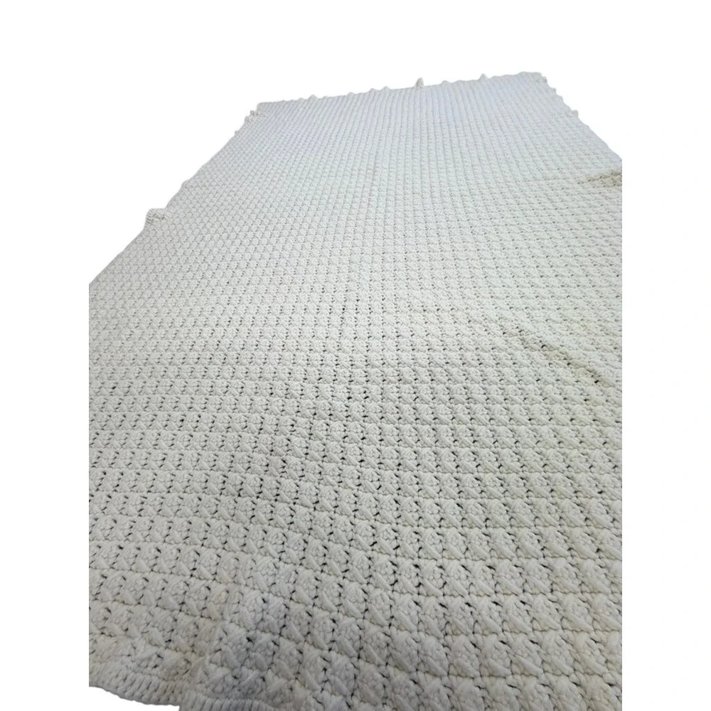 VTG! Handmade‎ Crochet Throw Blanket Cream White Textured Knit Farmhouse 73x46
